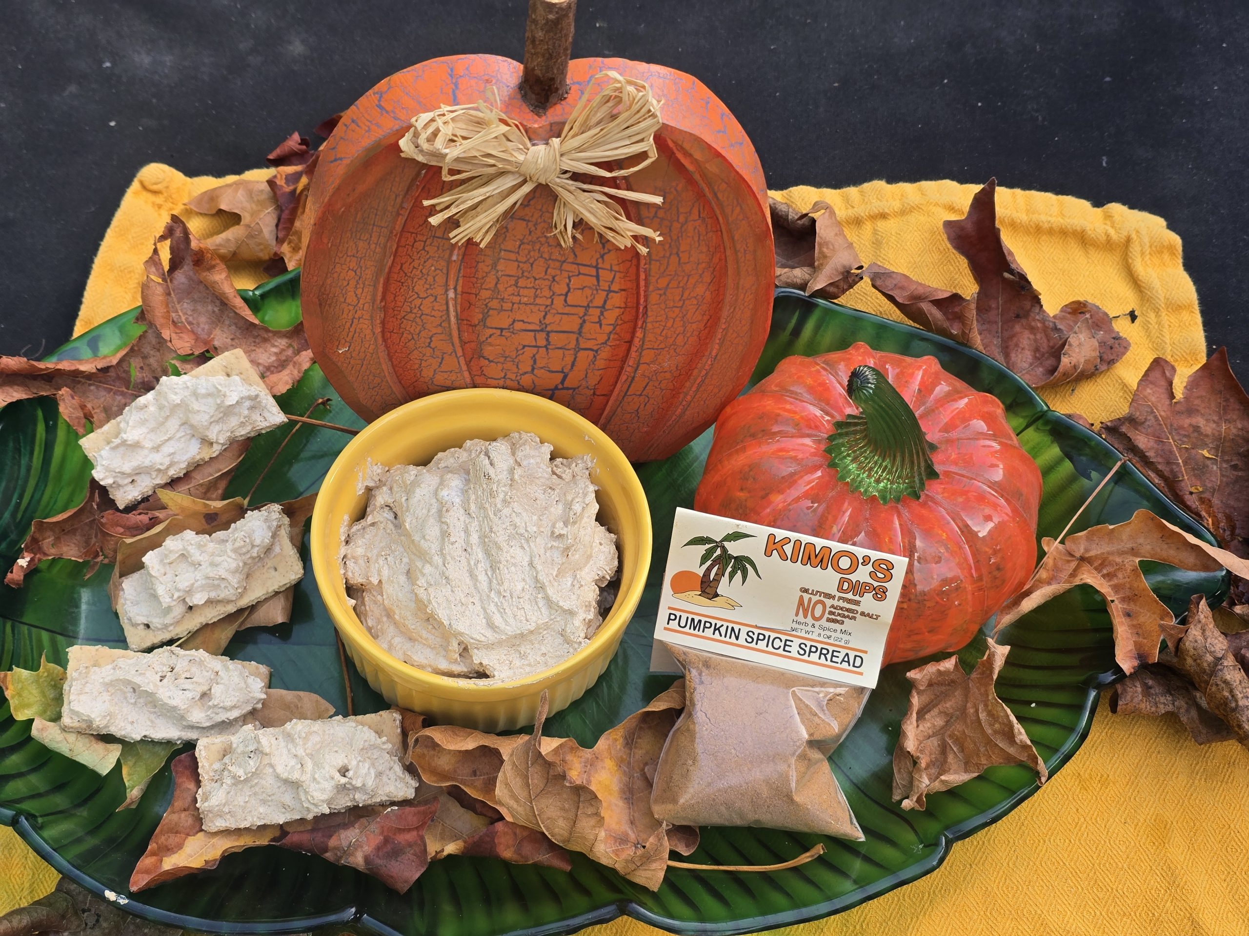 Package of Kimo's Pumpkin Spice Spread mix on a holiday background. Limited time only until December 31, 2026.