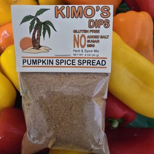 Package of Kimo's Pumpkin Spice Spread on a colorful background of various peppers